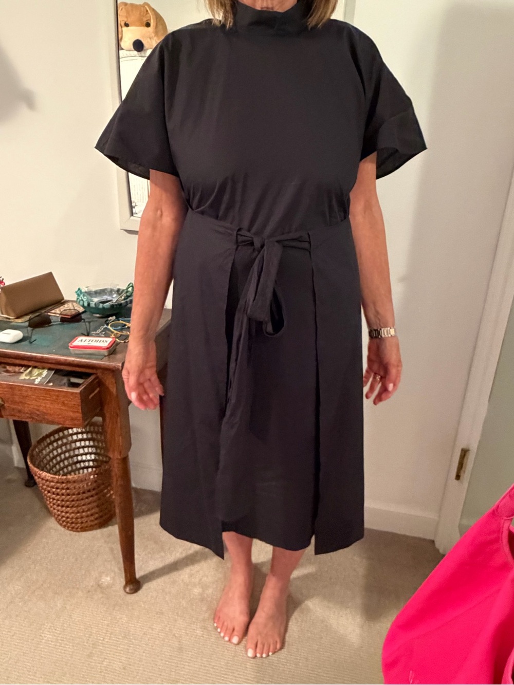 Black Tie-Waist Midi Dress with High Neck